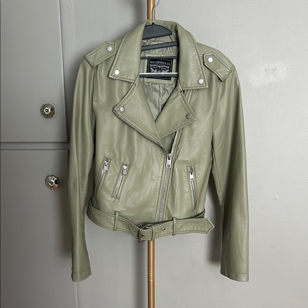 Levi's Green Leather Moto Jacket Asymmetrical Zipper